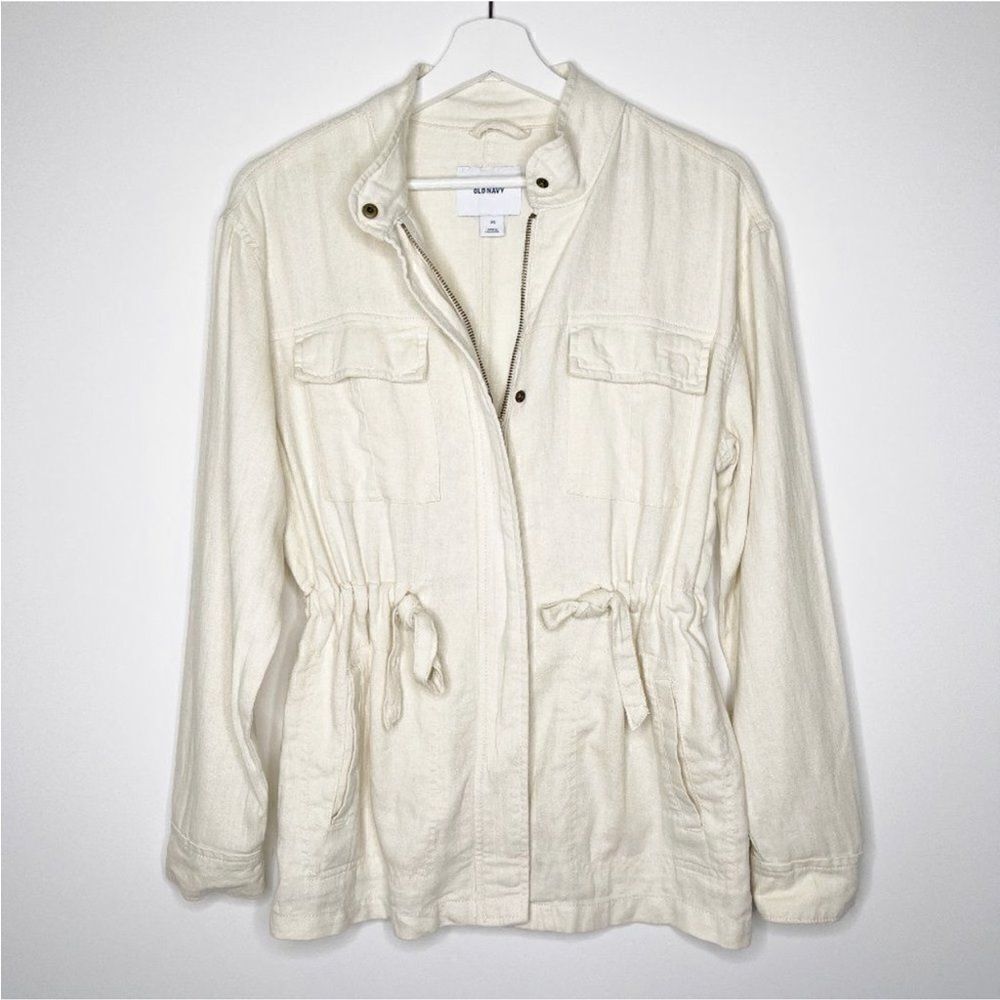 Old Navy Howlite Linen Blend Safari Utility Jacket Cream Beige Small - Picture 2 of 12